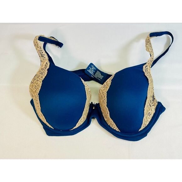 SOMA Embraceable Full Coverage Lace Trim Blue Beige Bra 34D EUC Underwire Bow - Picture 1 of 6